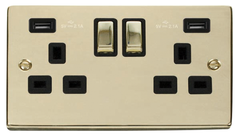 Click Deco Polished Brass 2G 13A Double Switched Socket c/w 2 x USB Outlets Black Insert