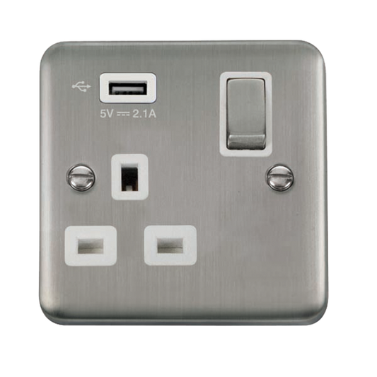 Click Deco Plus Stainless Steel 1G 13A Single Switched Socket c/w 1 x USB Outlet White Insert