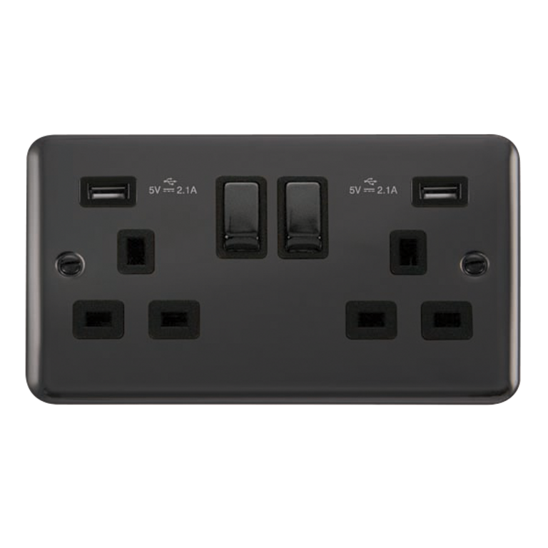 Click Deco Plus Black Nickel 2G 13A Double Switched Socket c/w 2 x USB Outlets Black Insert