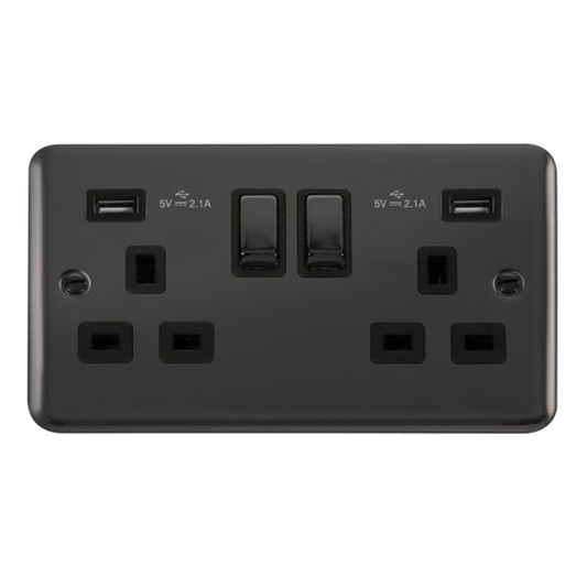 Click Deco Plus Black Nickel 2G 13A Double Switched Socket c/w 2 x USB Outlets Black Insert