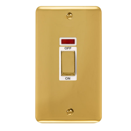 Click Deco Plus Polished Brass 2G 45A DP Vertical Switch & Neon White Insert