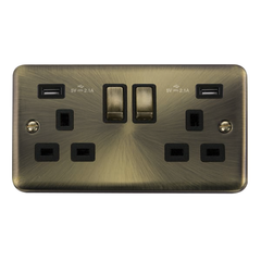 Click Deco Plus Antique Brass 2G 13A Double Switched Socket c/w 2 x USB Outlets Black Insert