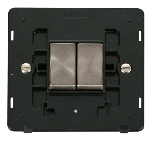 Click Definity Screwless Brushed Stainless 2G 2W Double Light Switch Black Insert