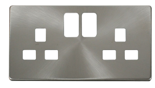 Click Definity Screwless Brushed Stainless 2G 13A Double Switched Socket Black Insert