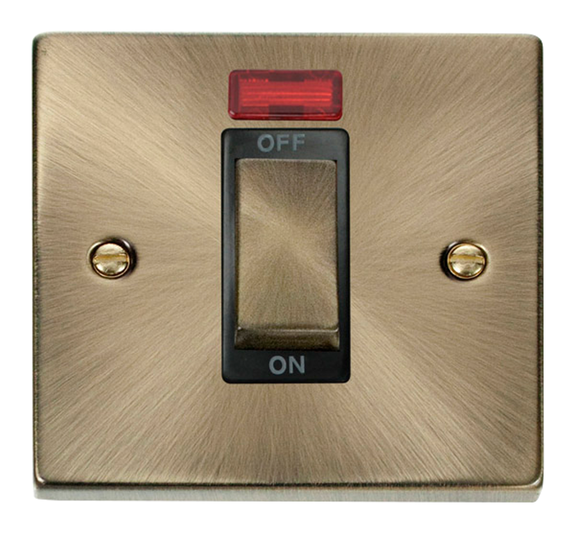 Click Deco Antique Brass 1G 45A DP Switch & Neon Black Insert