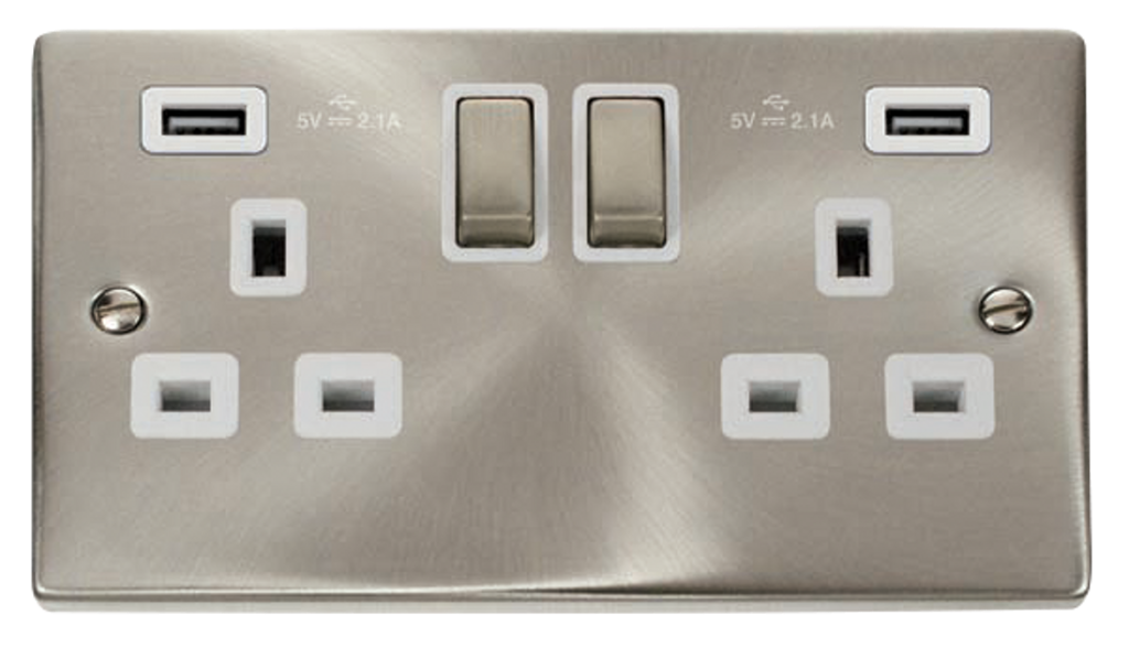 Click Deco Satin Chrome 2G 13A Double Switched Socket c/w 2 x USB Outlets White Insert