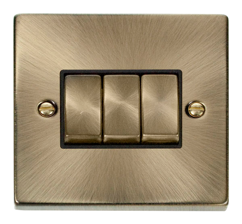 Click Deco Antique Brass 3G 2W Triple Light Switch Black Insert