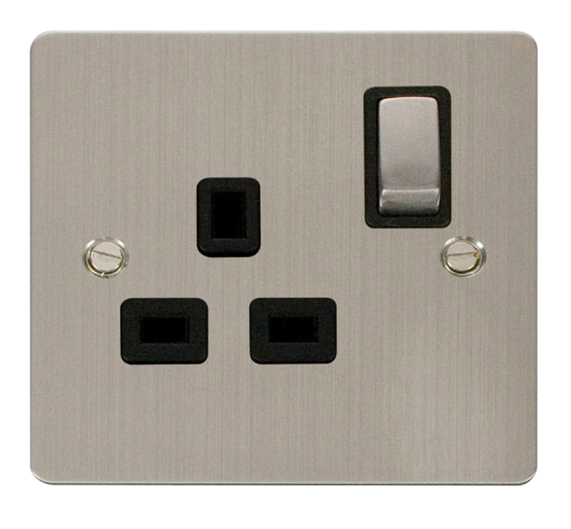 Click Define Stainless Steel 1G 13A Single Switched Socket Black Insert