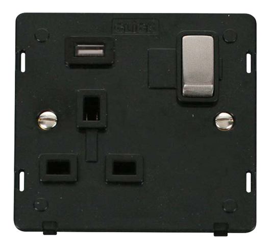 Click Definity Screwless Stainless Steel 1G 13A Single Switched Socket c/w 1 x USB Outlet Black Insert