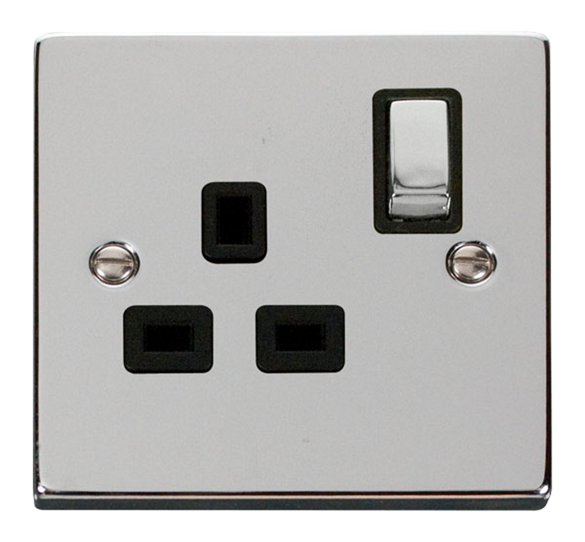 Click Deco Polished Chrome 1G 13A Single Switched Socket Black Insert