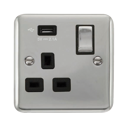 Click Deco Plus Polished Chrome 1G 13A Single Switched Socket c/w 1 x USB Outlet Black Insert