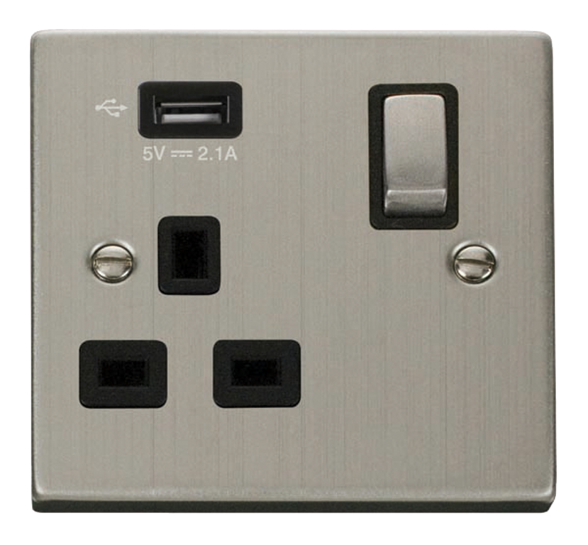 Click Deco Stainless Steel 1G 13A Single Switched Socket c/w 1 x USB Outlet Black Insert