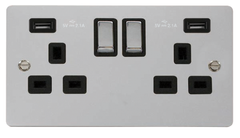 Click Define Polished Chrome 2G 13A Double Switched Socket c/w 2 x USB Outlets Black Insert