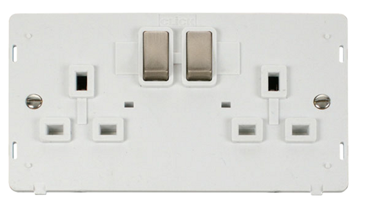 Click Definity Screwless Brushed Stainless 2G 13A Double Switched Socket White Insert