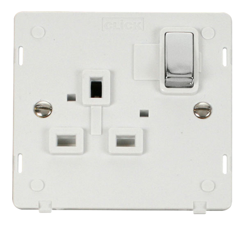 Click Definity Screwless Polished Chrome 1G 13A Single Switched Socket White Insert
