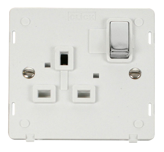 Click Definity Screwless Polished Chrome 1G 13A Single Switched Socket White Insert