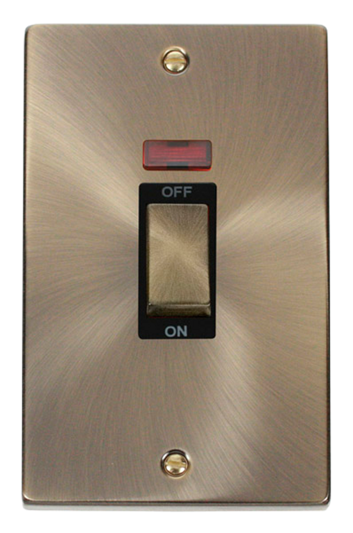 Click Deco Antique Brass 2G 45A DP Vertical Switch & Neon Black Insert