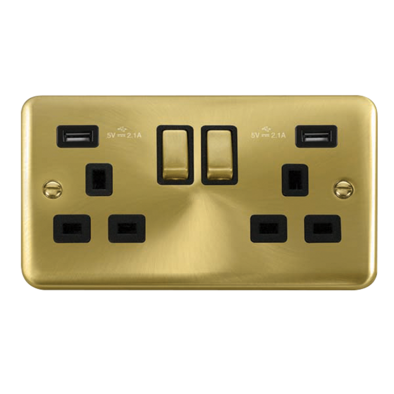 Click Deco Plus Satin Brass 2G 13A Double Switched Socket c/w 2 x USB Outlets Black Insert