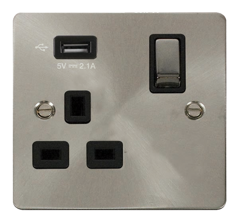 Click Define Brushed Stainless 1G 13A Single Switched Socket c/w 1 x USB Outlet Black Insert