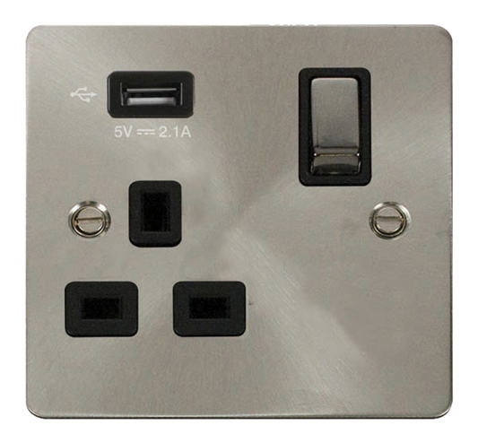 Click Define Brushed Stainless 1G 13A Single Switched Socket c/w 1 x USB Outlet Black Insert