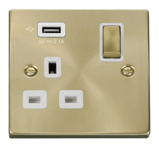 Click Deco Satin Brass 1G 13A Single Switched Socket c/w 1 x USB Outlet White Insert