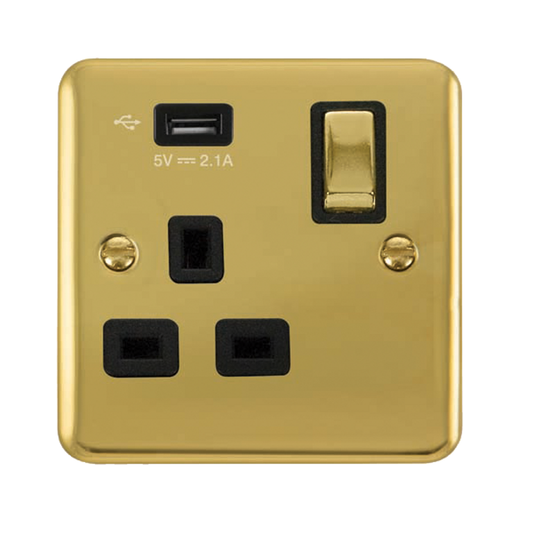 Click Deco Plus Polished Brass 1G 13A Single Switched Socket c/w 1 x USB Outlet Black Insert