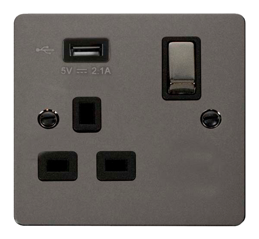 Click Define Black Nickel 1G 13A Single Switched Socket c/w 1 x USB Outlet Black Insert