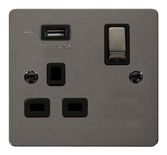 Click Define Black Nickel 1G 13A Single Switched Socket c/w 1 x USB Outlet Black Insert