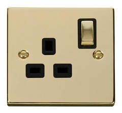 Click Deco Polished Brass 1G 13A Single Switched Socket Black Insert