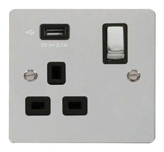 Click Define Polished Chrome 1G 13A Single Switched Socket c/w 1 x USB Outlet Black Insert