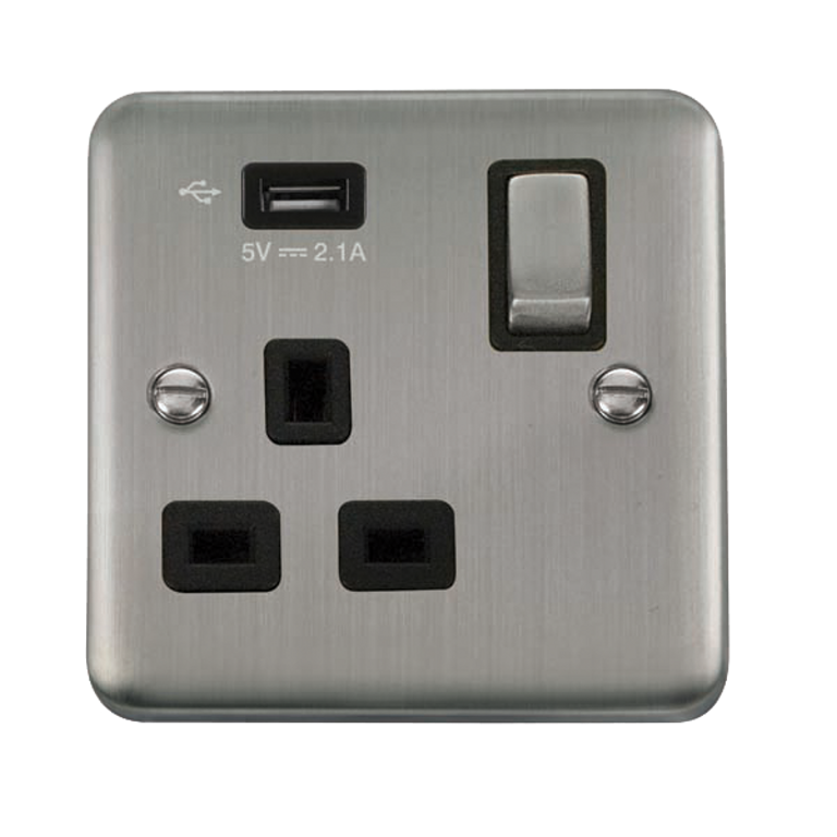 Click Deco Plus Stainless Steel 1G 13A Single Switched Socket c/w 1 x USB Outlet Black Insert