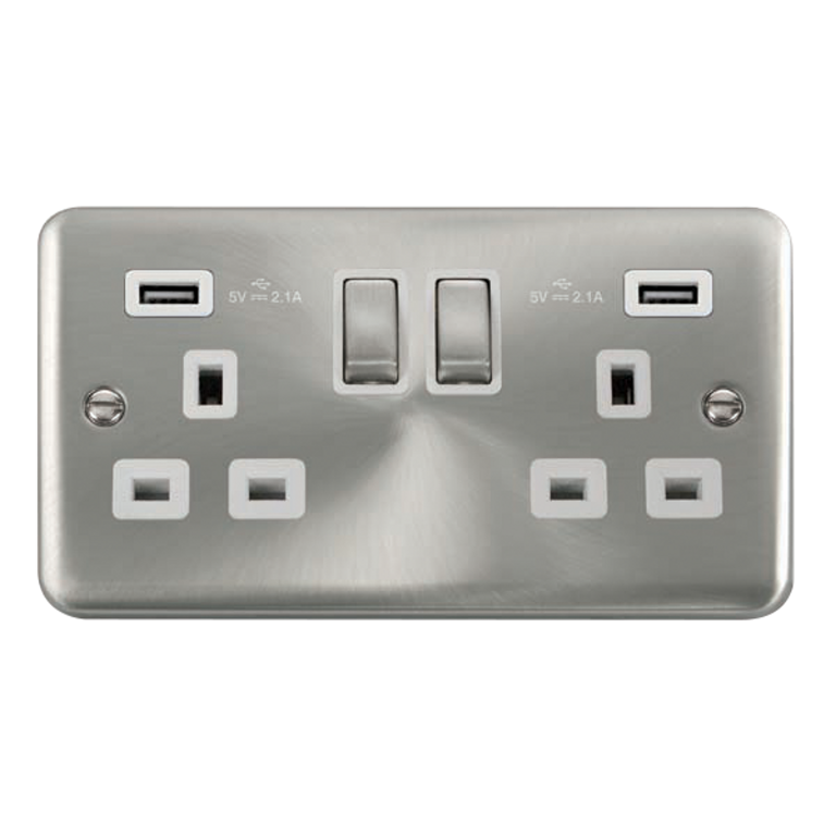 Click Deco Plus Satin Chrome 2G 13A Double Switched Socket c/w 2 x USB Outlets White Insert