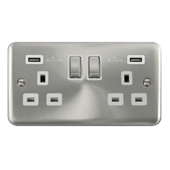 Click Deco Plus Satin Chrome 2G 13A Double Switched Socket c/w 2 x USB Outlets White Insert
