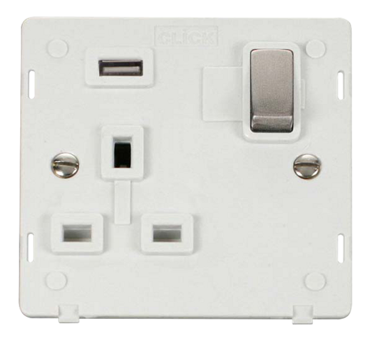 Click Definity Screwless Stainless Steel 1G 13A Single Switched Socket c/w 1 x USB Outlet White Insert