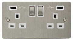 Click Define Stainless Steel 2G 13A Double Switched Socket c/w 2 x USB Outlets White Insert