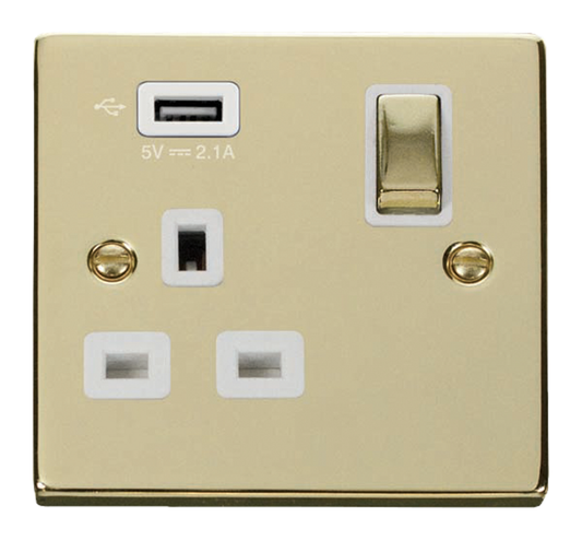 Click Deco Polished Brass 1G 13A Single Switched Socket c/w 1 x USB Outlet White Insert